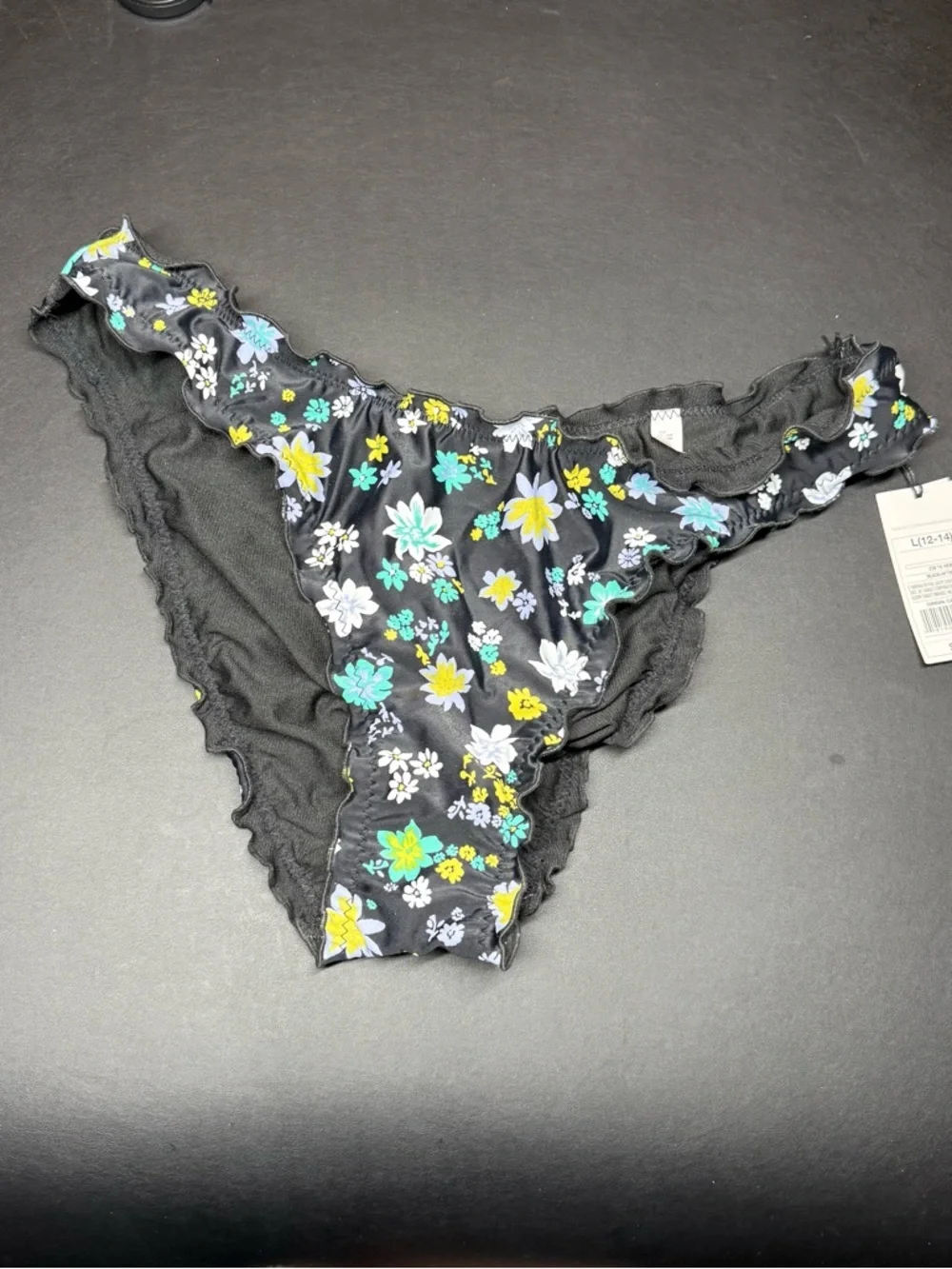 NWT Shade & Shore Black Floral Ruffle Bikini Bottoms with Teal & Yellow Accents
